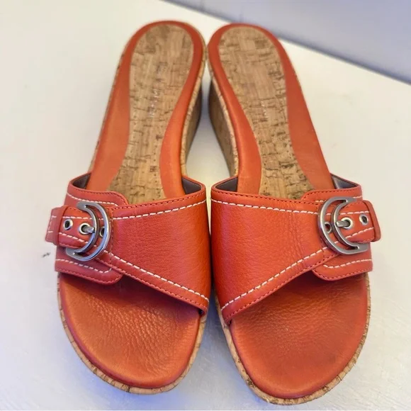Antonio Melani Logan Orange Leather Cork Wedge Sandals Slides Women's Size 7.5 M - Picture 2 of 13